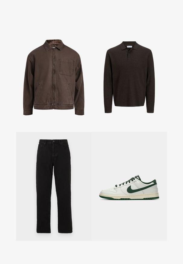 Bruine, ritssluitingjas gemaakt van duurzaam stof; heeft een kraag, lange mouwen, voorzakken en een enkele borstzak.; Bruine lange mouwen polo-shirt gemaakt van textuurstof. Beschikt over een klassieke kraag en drie knopen aan de voorkant. Casual pasvorm met geribde manchetten.; Zwarte denim jeans met een rechte pasvorm, voorzien van een knoopsluiting, riemlussen en een klassieke vijf-pocket stijl.; Witte lage sneakers met een donkergroene Nike swoosh, veters en accentkleuren op de zool, weergegeven in profiel op een effen witte achtergrond.