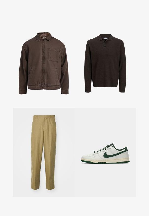 Giacca marrone con zip realizzata in tessuto resistente; presenta un colletto, maniche lunghe, tasche frontali e una tasca sul petto.; Polo a manica lunga marrone realizzato in tessuto textured. Presenta un colletto classico e tre bottoni frontali. Vestibilità casual con polsini a costine.; Pantaloni beige realizzati in tessuto testurizzato, con un design a gamba dritta, passanti per cintura e pince frontali.; Sneaker bianco a bassa cima con swoosh Nike verde scuro, lacci e dettagli della suola, mostrato di profilo su uno sfondo bianco uniforme.