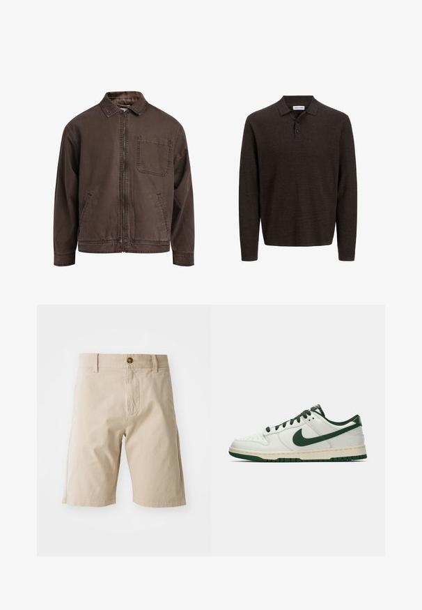Brūns, ar rāvējslēdzēju aizverams džakers, kas izgatavots no izturīga auduma; tam ir apkakle, garas piedurknes, priekšējās kabatas un viena krūškabata.; Brūns garām piedurknēm polo krekls, kas izgatavots no teksturētas auduma. Tam ir klasiskā apkakle un trīs priekšējie pogas. Brīva piegriezte ar ribotām aprocēm.; Beige kokvilnas šorti ar pogu aizdari, jostas cilpiņām un sānu kabatām; gluda tekstūra un taisna silueta.; Balti zemāko tenisa apavu ar tumši zaļu Nike swoosh, auklām un zoles akcentiem, parādīti profila skatījumā uz vienkrāsaina baltā fona.