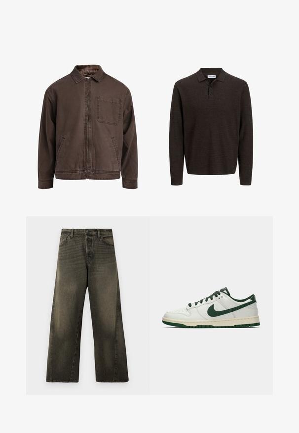 Brun zip-up jakke laget av slitesterkt stoff; har krage, lange ermer, frontlommer og en enkel brystlomme.; Brun langermet poloskjorte laget av strukturert stoff. Har en klassisk krage og tre knapper foran. Ledig passform med ribbede mansjetter.; High-waisted, vide ben svarte falmede jeans med front knapp og glidelås, samt standard front lommer.; Hvit lav sneaker med mørkegrønn Nike swoosh, snøring og såleakkenter, vist i profil mot en enkel hvit bakgrunn.