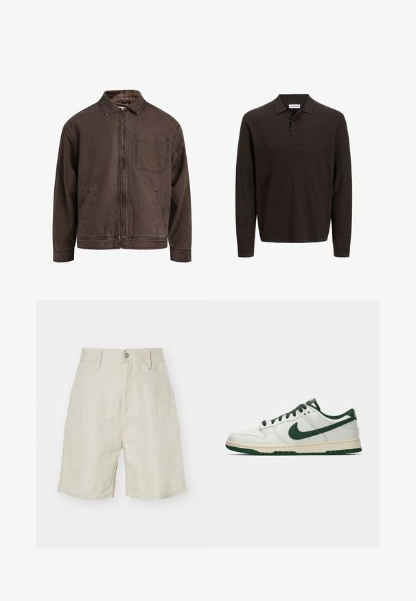 Hnědá bunda na zip vyrobená z odolné látky; má límec, dlouhé rukávy, přední kapsy a jednu kapsu na hrudi.; Hnědá polokošile s dlouhým rukávem vyrobená z texturované tkaniny. Má klasický límec a tři přední knoflíky. Uvolněný střih s žebrovanými manžetami.; Lněné šortky ve světle béžové barvě, s vysokým pasem, zapínáním na knoflík a bočními kapsami. Hladká textura a uvolněný střih.; Bílé nízké tenisky s tmavě zeleným logem Nike, tkaničkami a akcenty podešve, zobrazené v profilu na čistě bílém pozadí.