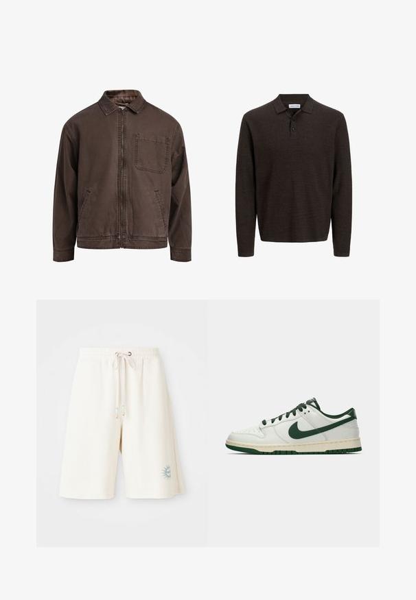 Brūns, ar rāvējslēdzēju aizverams džakers, kas izgatavots no izturīga auduma; tam ir apkakle, garas piedurknes, priekšējās kabatas un viena krūškabata.; Brūns garām piedurknēm polo krekls, kas izgatavots no teksturētas auduma. Tam ir klasiskā apkakle un trīs priekšējie pogas. Brīva piegriezte ar ribotām aprocēm.; Gaišas krēma šorti, kas izgatavoti no teksturēta auduma, ar elastīgu jostasvīru, regulējamu šņoru un drukātu saules dizainu uz kreisā plaša.; Balti zemāko tenisa apavu ar tumši zaļu Nike swoosh, auklām un zoles akcentiem, parādīti profila skatījumā uz vienkrāsaina baltā fona.