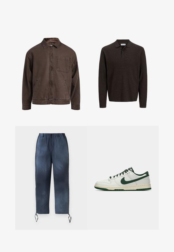 Veste brune zippée en tissu durable ; elle est dotée d'un col, de manches longues, de poches avant et d'une poche poitrine.; Polo à manches longues marron en tissu texturé. Doté d'un col classique et de trois boutons sur le devant. Coupe décontractée avec des poignets côtelés.; Pantalons bleu marine avec cordon de serrage et taille élastique, deux poches latérales et liens aux chevilles présentés sur fond blanc.; Baskets basses blanches avec un swoosh Nike vert foncé, des lacets et des accents de semelle, présentées en profil sur un fond blanc uni.