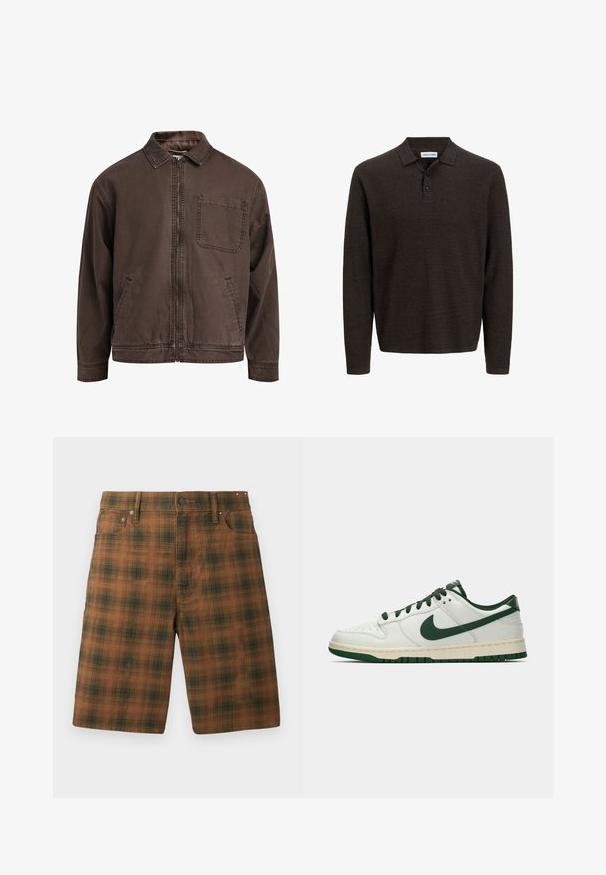 Rudas zip-up švarkas pagamintas iš patvarios medžiagos; turi apykaklę, ilgomis rankovėmis, priekinėmis kišenėmis ir viena krūtinės kišene.; Rudas ilgas rankovės polo marškinėliai, pagaminti iš tekstūruoto audinio. Su klasikinio tipo apykakle ir trimis į priekį užsegamais mygtukais. Atsipalaidavęs siluetas su gumuotomis rankovėmis.; Rudos dėvėti šortai su tekstūruotu raštu, turintys klasikinį tinkamumą, penkias kišenes ir metalinę detalių apdailą juosmenyje.; Balti žemi sportbačiai su tamsiai žaliu Nike swoosh, raišteliais ir padu, rodomi šoniniame profilyje ant baltos fono.