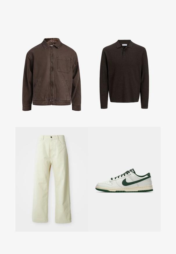 Jachetă maro, cu fermoar, realizată dintr-un material durabil; are guler, mâneci lungi, buzunare frontale și un buzunar pe piept.; Polo de culoare marron, cu mânecă lungă, realizat dintr-un material texturat. Dispune de un guler clasic și trei butoane frontale. Croială lejeră, cu manșete din tricot.; Pantaloni largi de denim, de culoare galben deschis, cu închidere frontală cu nasture, cinci buzunare și un design drept, simplu.; Adidași albi cu vârf jos, având swoosh-ul Nike în verde închis, șireturile și accentele tălpii, prezentați în profil pe un fundal alb simplu.