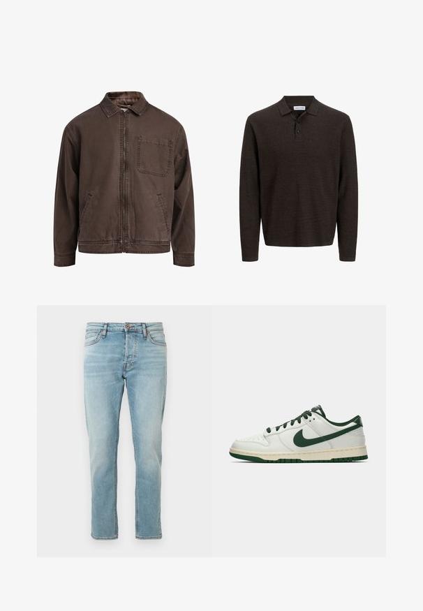 Chaqueta marrón con cremallera hecha de tela duradera; cuenta con un cuello, mangas largas, bolsillos frontales y un único bolsillo en el pecho.; Polo de manga larga marrón hecho de tela texturizada. Presenta un cuello clásico y tres botones en la parte delantera. Corte casual con puños acanalados.; Jeans de denim azul claro con un corte recto, diseño de cinco bolsillos y un ligero desgastado. Cierre de botón en la cintura, acabado limpio en los dobladillos.; Zapatilla de deporte blanca de caña baja con el swoosh de Nike en verde oscuro, lazadas y acentos en la suela, mostrada de perfil sobre un fondo blanco liso.