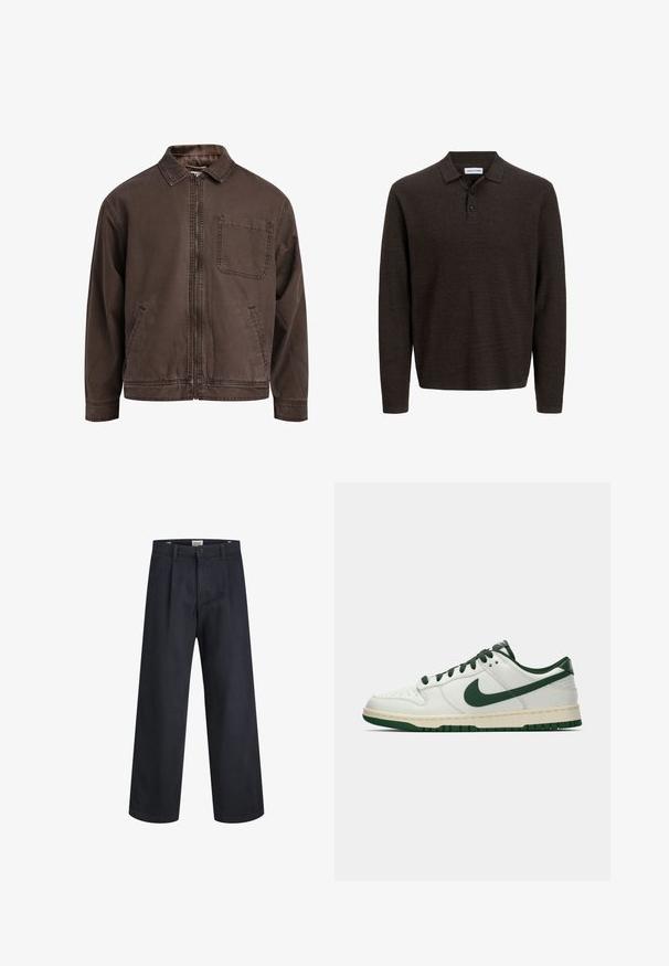 Bruine, ritssluitingjas gemaakt van duurzaam stof; heeft een kraag, lange mouwen, voorzakken en een enkele borstzak.; Bruine lange mouwen polo-shirt gemaakt van textuurstof. Beschikt over een klassieke kraag en drie knopen aan de voorkant. Casual pasvorm met geribde manchetten.; Donkerblauwe wijde broek gemaakt van geweven stof, met een knoopsluiting en geplooid voorpand. Soepele textuur, geen zichtbare patronen.; Witte lage sneakers met een donkergroene Nike swoosh, veters en accentkleuren op de zool, weergegeven in profiel op een effen witte achtergrond.