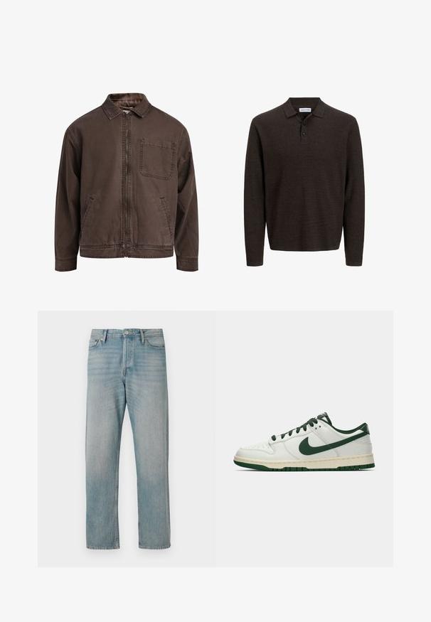 Rjava jakna na zadrgo, izdelana iz vzdržljivega blaga; ima ovratnik, dolge rokave, sprednje žepe in en žep na prsih.; Rjava polo majica z dolgimi rokavi, izdelana iz teksturirane tkanine. Ima klasičen ovratnik in tri sprednje gumbe. Ohlapen kroj z rebrastimi manšeti.; Svijetloplave traperice ravnog kroja imaju klasičnih pet džepova, zatvaranje na dugme i suptilno izblijeđivanje za dodatnu teksturu.; Beli nizki športni copat z temno zelenim Nike žigom, vezalnimi trakovi in akcenti na podplatu, prikazan v profilu na praznem belem ozadju.