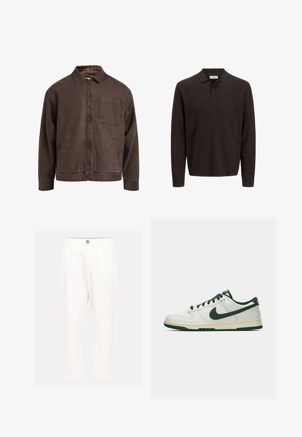 Giacca marrone con zip realizzata in tessuto resistente; presenta un colletto, maniche lunghe, tasche frontali e una tasca sul petto.; Polo a manica lunga marrone realizzato in tessuto textured. Presenta un colletto classico e tre bottoni frontali. Vestibilità casual con polsini a costine.; Pantaloni di cotone bianchi con una vestibilità rilassata, dotati di chiusura frontale con bottone, due tasche laterali e orli risvoltati. Texture liscia e linee pulite.; Sneaker bianco a bassa cima con swoosh Nike verde scuro, lacci e dettagli della suola, mostrato di profilo su uno sfondo bianco uniforme.