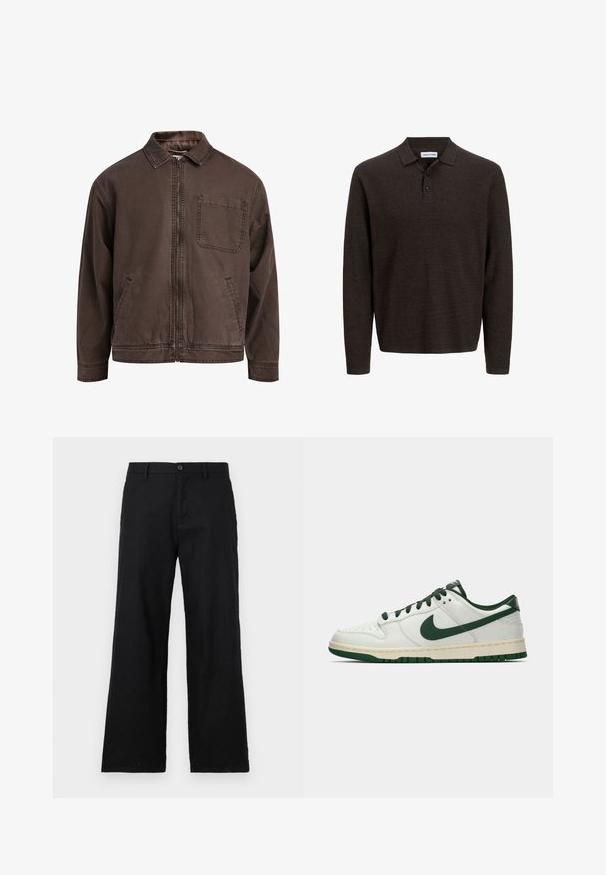 Brun, zip-up jacka gjord av slitstarkt material; har krage, lång ärm, framfickor och en bröstficka.; Brun långärmad pique-tröja gjord av textilstruktur. Har en klassisk krage och tre framknappar. Avslappnad passform med ribbade ärmslut.; Svarta raka byxor i bomull, med knappstängning och bältesöglor. Slät yta utan synliga mönster eller detaljer.; Vit lågprofilsneaker med mörkgrön Nike-swoosh, snören och sulaccenter, visad i profil mot en neutral vit bakgrund.