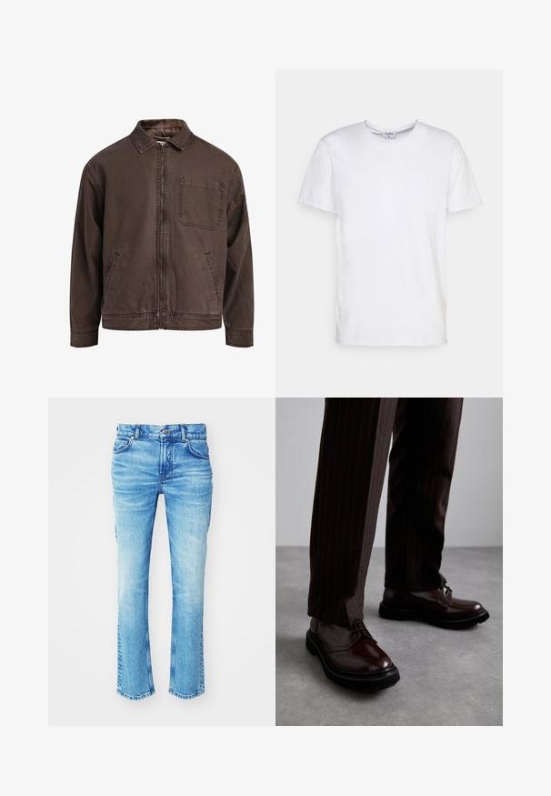 Smeđa jakna na zip od izdržljive tkanine; sadrži ovratnik, duge rukave, prednje džepove i jedan džep na prsima.; Bijela majica kratkih rukava od pamuka. Ima okrugli izrez i opušteni kroj bez vidljivih uzoraka ili akcenta.; Plave traperice s izblijedjelim pranjem, ravnog kroja i sirovim rubom. Imaju pet džepova i detalje s metalnim gumbima.; Smeđe kožne cipele s vezicama i sjajnim finišom, crna gumena potplata i suptilno šivanje. Nosene s smešanim smešnim smeškom smešnim smeškom.