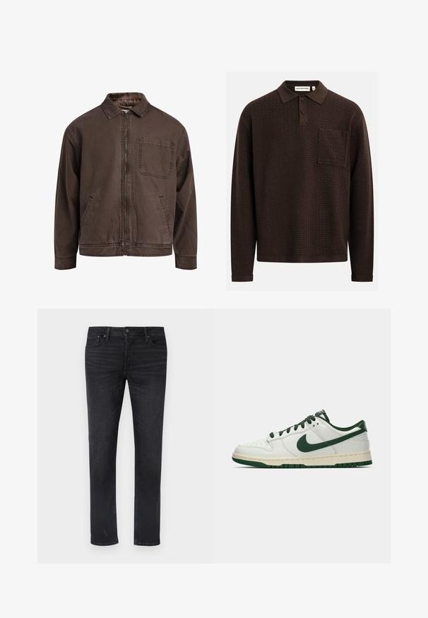 Smeđa jakna na zip od izdržljive tkanine; sadrži ovratnik, duge rukave, prednje džepove i jedan džep na prsima.; Smeđa polo majica s dugim rukavima s teksturiranim cik-cak uzorkom, s trostrukim kopčanjem na gumbe i džepom na prsima. Izrađena od pletene tkanine.; Crne traperice ravnog kroja s pet džepova, pojasom srednjeg rasta i suptilnim izblijedjelim detaljima.; Bjele tenisice niskog profila s tamnozelenim Nike swooshom, vezicama i naglascima na đonu, prikazane u profilu na jednostavnoj bijeloj pozadini.
