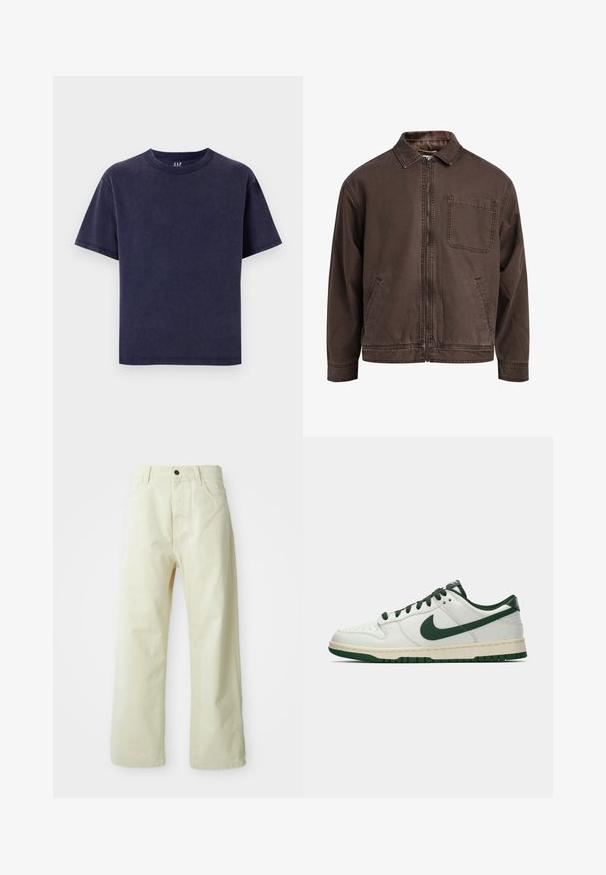 Pruun, lukuga jakk, mis on valmistatud vastupidavast kangast; sisaldab kraed, pikki varrukaid, eespool taskuid ja ühte rinna taskut.; Tumesinine puuvillane T-särk, ümmarguse kaelusega, lühikeste varrukatega ja lõdva istuvusega. Omab ühtlast värvi, ilma nähtavate mustrite või detailideta.; Hele kollaste, laiad püksid, valmistatud denimist, ees nuppe sulgemisega, viie taskuga ja sirge, ilma kaunistusteta disainiga.; Valge madalate tossudega, millel on tumeroheline Nike Swoosh, paelad ja tallakatted, esitatud külgmises vaates ühtlasel valgel taustal.
