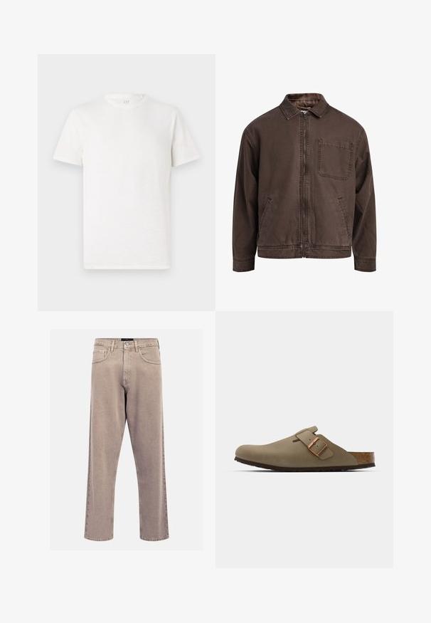 Barna, cipzáras dzseki, tartós anyagból készült; gallérral, hosszú ujjakkal, elülső zsebekkel és egyetlen mellzsebbel rendelkezik.; Rövid ujjú, kerek nyakú póló törtfehér színben, puha pamut keverékből, enyhén strukturált felülettel, látható minták vagy díszítések nélkül.; Vaj színű egyenes szabású farmernadrág, klasszikus öt zsebes dizájnnal, varrott részletekkel és letisztult szegéllyel.; Barna klumpák sima, matt felülettel. Az oldalon egy kiemelkedő bronz csat található. Parafa talpbetét és gumi talp a kényelem érdekében.