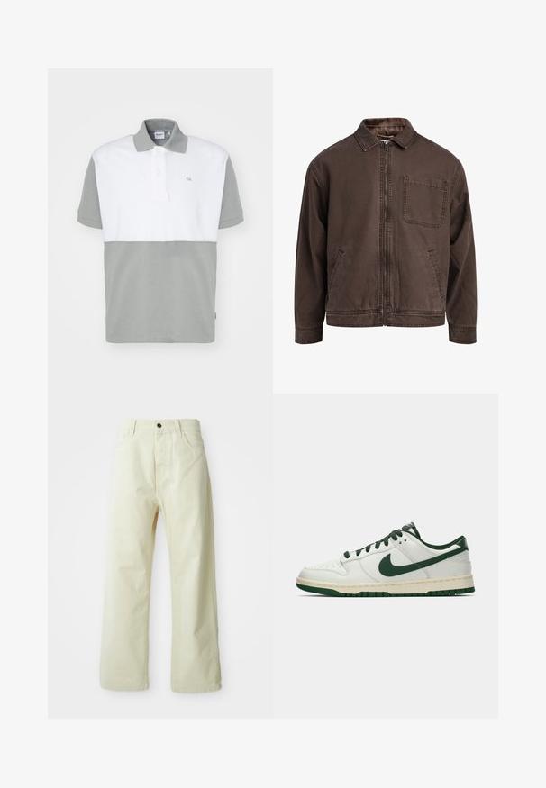 Brūns, ar rāvējslēdzēju aizverams džakers, kas izgatavots no izturīga auduma; tam ir apkakle, garas piedurknes, priekšējās kabatas un viena krūškabata.; Īsām piedurknēm polo krekls ar baltu augšējo daļu un salvijas zaļu apakšējo daļu. Ar apkakli un diviem pogām, mīksts audums un maiga logotipa detaļa.; Gai dzelteni, platajām kājām, denima bikses ar priekšējo pogu aizdari, piecām kabatām un taisnu, vienkāršu dizainu.; Balti zemāko tenisa apavu ar tumši zaļu Nike swoosh, auklām un zoles akcentiem, parādīti profila skatījumā uz vienkrāsaina baltā fona.