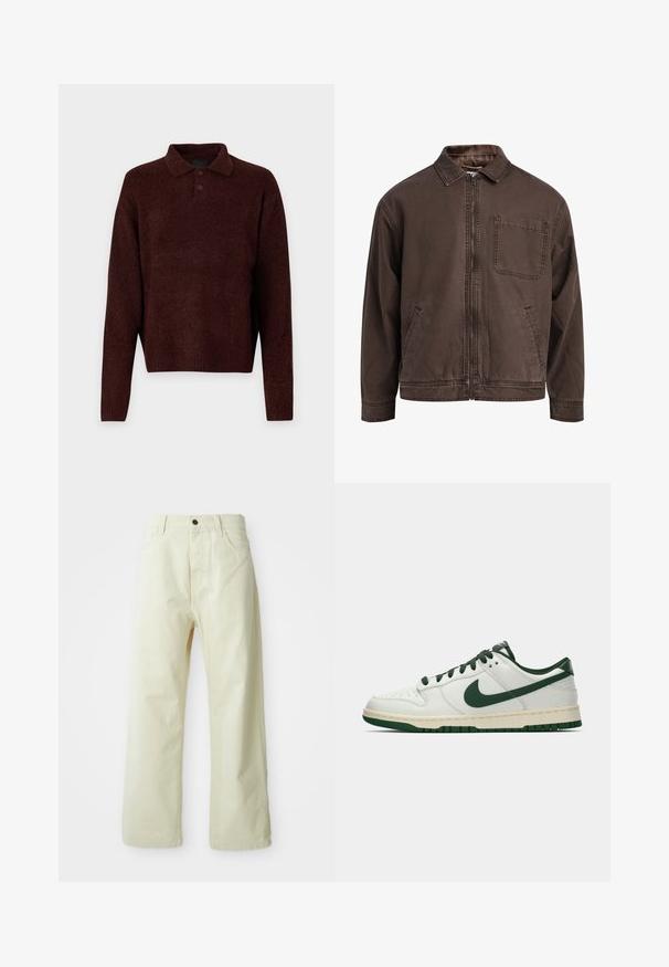 Brązowa, zapinana na zamek kurtka z wytrzymałego materiału; posiada kołnierz, długie rękawy, przednie kieszenie oraz jedną kieszeń na piersi.; Brązowy sweter robiony na drutach z kołnierzykiem polo, trzema guzikami przy szyi i długimi rękawami. Miękka faktura, ściągacze na rękawach i u dołu.; Jasnożółte spodnie z szerokimi nogawkami, wykonane z denimu, z zapięciem na guziki z przodu, pięcioma kieszeniami oraz prostym, nieozdobionym wzorem.; Białe sneakersy niskie z ciemnozielonym logo Nike, sznurowadłami i akcentami na podeszwie, pokazane z profilu na jednolitym białym tle.