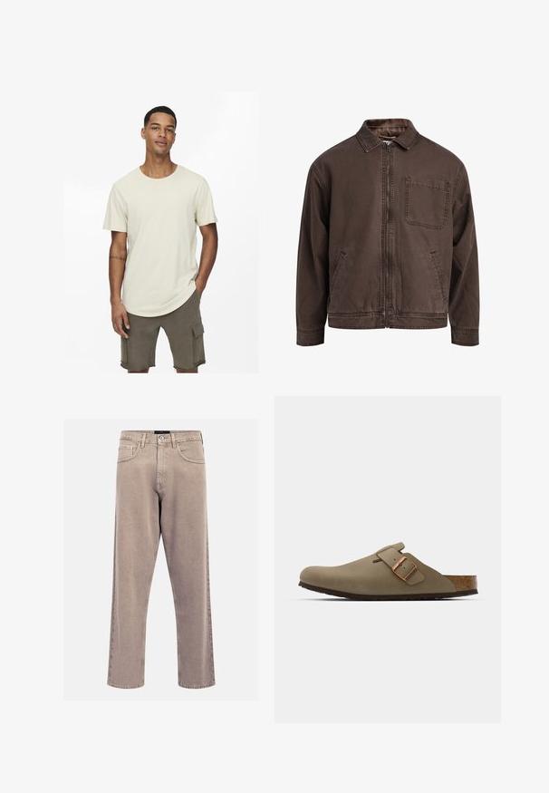 Rudas zip-up švarkas pagamintas iš patvarios medžiagos; turi apykaklę, ilgomis rankovėmis, priekinėmis kišenėmis ir viena krūtinės kišene.; Bežinis medvilninis marškinėlis su apvaliu iškirpimu, trumpomis rankovėmis ir laisvu pjūviu. Derinamas su alyvuogių spalvos krovinių šortais, turinčiais kišenes.; Bežinės tiesių kojų džinsai, pagaminti iš džinsinio audinio, su klasikinio penkių kišenių dizainu, siuvinėjimo akcentais ir tvarkingai apdirptu kraštu.; Rudos medvilniniai klumpės su lygiu, matinio paviršiaus apdaila. Yra išsiskiriantis bronzinis sagtis šone. Kamštinis padas ir gumos išorė užtikrina komfortą.