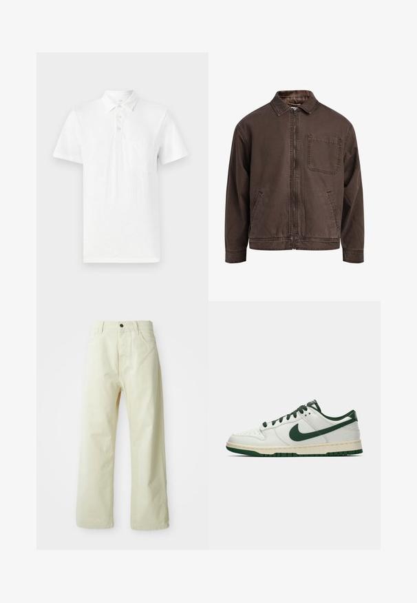 Bruine, ritssluitingjas gemaakt van duurzaam stof; heeft een kraag, lange mouwen, voorzakken en een enkele borstzak.; Witte polo met korte mouwen van zachte stof. Voorzien van een drieknoopsluiting en een borstzak aan de linkerkant.; Lichtgele, wijde broek van denim, met een sluiting met voorknop, vijf zakken en een rechte, onversierde stijl.; Witte lage sneakers met een donkergroene Nike swoosh, veters en accentkleuren op de zool, weergegeven in profiel op een effen witte achtergrond.