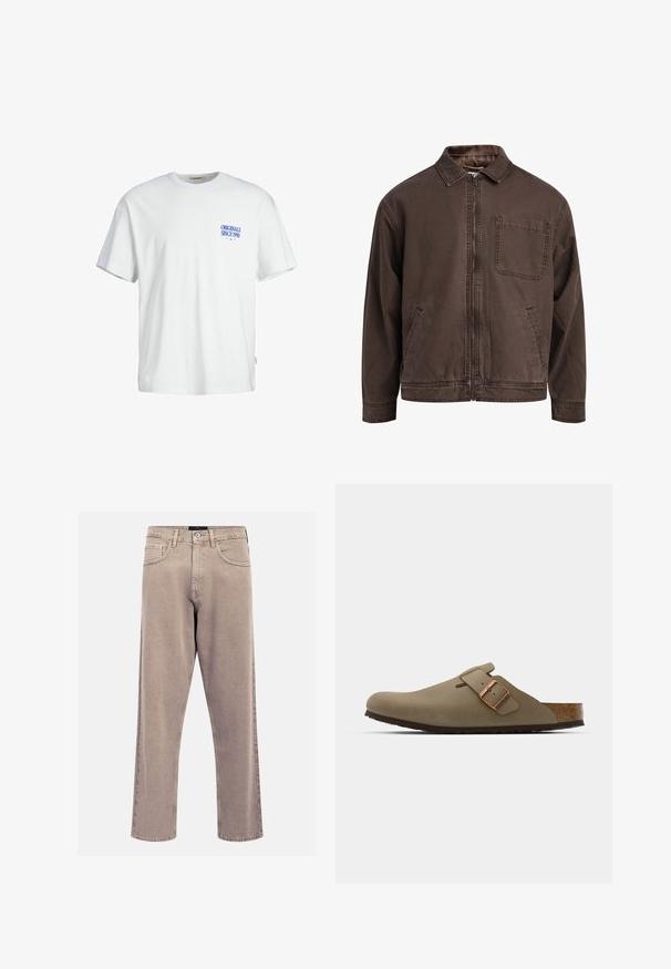 Bruine, ritssluitingjas gemaakt van duurzaam stof; heeft een kraag, lange mouwen, voorzakken en een enkele borstzak.; Witte katoenen t-shirt met een relaxte pasvorm, voorzien van blauwe tekst "ORIGINALS SINCE 1990" op de linkerborst en een geweven label aan de zijkant.; Beige straight-leg jeans van denim, met een klassiek vijf-pocket ontwerp, gestikte accenten en een nette zoomafwerking.; Bruine klompen met een gladde, matte afwerking. Beschikt over een opvallende bronzen gesp aan de zijkant. Korken voetbed en rubberen buitenzool voor comfort.