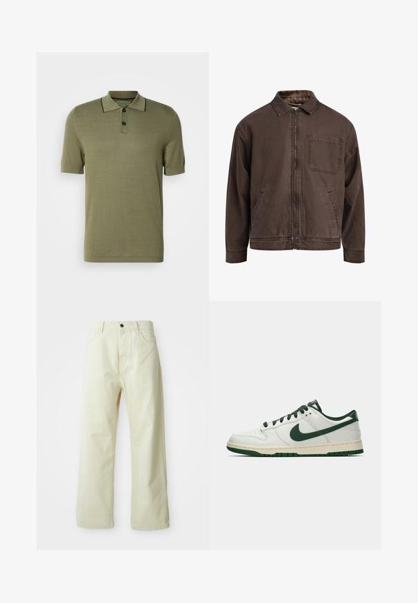 Brown, zip-up jacket made of durable fabric; features a collar, long sleeves, front pockets, and a single chest pocket.; Olive green short-sleeve polo shirt with two black buttons and black trim along the collar edge.; Light yellow, wide-leg trousers made of denim, featuring a front button closure, five pockets, and straight, unembellished design.; White low-top sneaker with dark green Nike swoosh, laces, and sole accents, shown in profile on a plain white background.