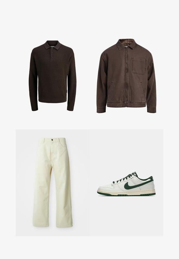 Brązowa, zapinana na zamek kurtka z wytrzymałego materiału; posiada kołnierz, długie rękawy, przednie kieszenie oraz jedną kieszeń na piersi.; Brązowy dzianinowy sweter polo z długim rękawem, charakteryzujący się prążkowaną fakturą, zapięciem na trzy guziki i klasycznym kołnierzykiem.; Jasnożółte spodnie z szerokimi nogawkami, wykonane z denimu, z zapięciem na guziki z przodu, pięcioma kieszeniami oraz prostym, nieozdobionym wzorem.; Białe sneakersy niskie z ciemnozielonym logo Nike, sznurowadłami i akcentami na podeszwie, pokazane z profilu na jednolitym białym tle.