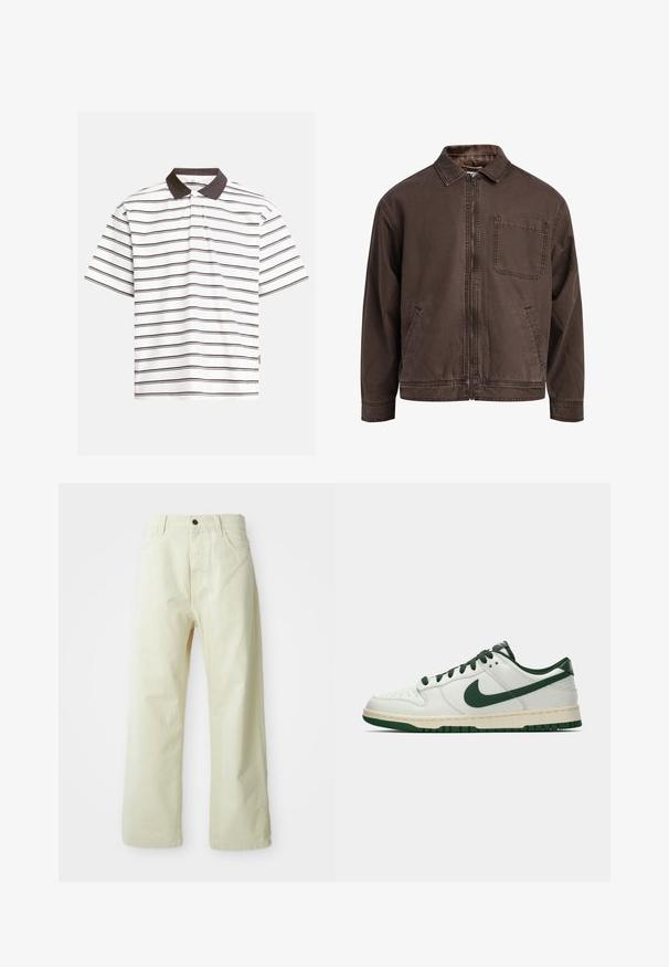 Braune, mit Reißverschluss verschlossene Jacke aus strapazierfähigem Material; sie verfügt über einen Kragen, lange Ärmel, frontale Taschen und eine einzelne Brusttasche.; Kurzarm-Polohemd in Weiß mit dunkelbraunen horizontalen Streifen. Verfügt über einen kontrastierenden dunkelbraunen Kragen und weichen Baumwollstoff.; Hellgelbe, weit geschnittene Jeanshose aus Denim mit einem vorderen Knopfverschluss, fünf Taschen und geradlinigem, unaufgeregtem Design.; Weiße Low-Top-Sneaker mit dunkelgrüner Nike-Swoosh, Schnürsenkeln und Akzenten an der Sohle, im Profil auf einem schlichten weißen Hintergrund abgebildet.