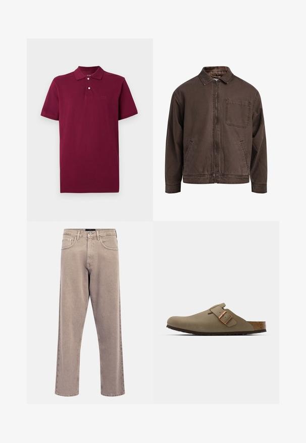 Brun zip-up jakke laget av slitesterkt stoff; har krage, lange ermer, frontlommer og en enkel brystlomme.; Burgunderrød poloskjorte laget av bomull, med en to-knapps pløs, kortermet, og brodert logo på brystet.; Lyse beige jeans med rette ben, lett falmet tekstur, fem-lommers design og metallknapp lukking. Fremtredende sømdetaljer.; Brune tresko med en jevn, matte overflate. Har en fremtredende bronsebelte på siden. Korkfotseng og gummisåle for komfort.