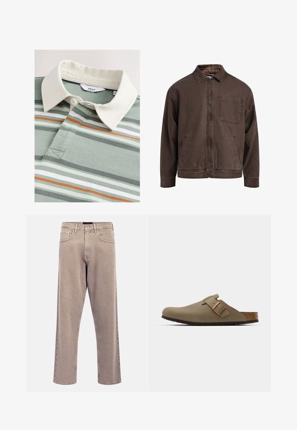 Smeđa jakna na zip od izdržljive tkanine; sadrži ovratnik, duge rukave, prednje džepove i jedan džep na prsima.; Polo majica s kremastom ovratnikom, ukrašena zelenim i sivim prugama, narančastim detaljem i dva gumba pokraj V-izreza na mekanom tkanju.; Svetlo bež traperice ravnog kroja s lagano izblijedjelom teksturom, dizajnom s pet džepova i zatvaračem na metalni gumb. Istaknuti detalji šavova.; Smeđi drvenjaci s glatkom, mat površinom. Imaju istaknut brončani kopču s jedne strane. Korkana unutrašnjost i gumeni potplat za udobnost.