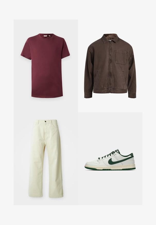 Bruine, ritssluitingjas gemaakt van duurzaam stof; heeft een kraag, lange mouwen, voorzakken en een enkele borstzak.; Bordeaux crew neck t-shirt van zacht katoen, korte mouwen, klassieke pasvorm, met een rechte onderrand zonder patronen of hardware-details.; Lichtgele, wijde broek van denim, met een sluiting met voorknop, vijf zakken en een rechte, onversierde stijl.; Witte lage sneakers met een donkergroene Nike swoosh, veters en accentkleuren op de zool, weergegeven in profiel op een effen witte achtergrond.