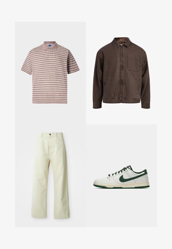 Hnědá bunda na zip vyrobená z odolné látky; má límec, dlouhé rukávy, přední kapsy a jednu kapsu na hrudi.; Pruhované polo tričko v tlumené růžové a bílé barvě, krátké rukávy, límeček s knoflíkovou légou na tři knoflíky, vyrobené z strukturované látky.; Svetle žluté kalhoty s širokými nohavicemi z denimu, s předním zapínáním na knoflíky, pěti kapsami a rovnými, nezdobenými nohavicemi.; Bílé nízké tenisky s tmavě zeleným logem Nike, tkaničkami a akcenty podešve, zobrazené v profilu na čistě bílém pozadí.