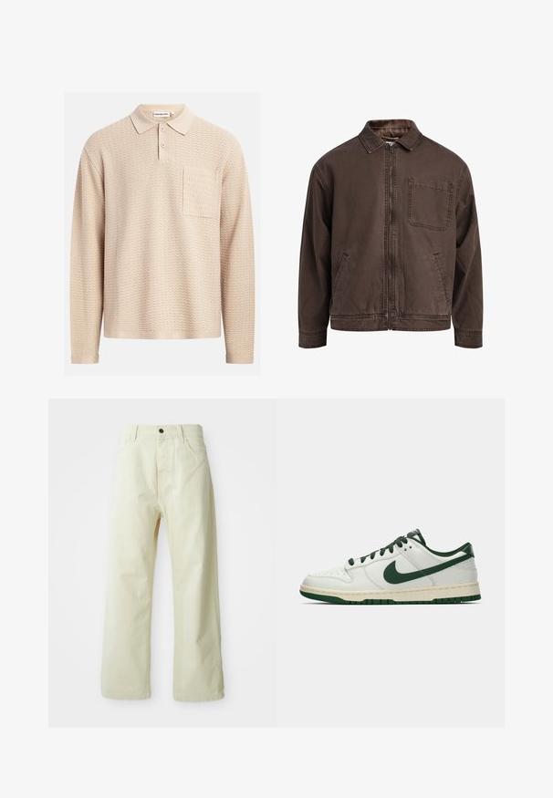 Veste brune zippée en tissu durable ; elle est dotée d'un col, de manches longues, de poches avant et d'une poche poitrine.; Polo manches longues beige avec un motif en vague texturé, un col classique, trois boutons et une poche sur le côté gauche de la poitrine.; Pantalons larges de couleur jaune clair en denim, dotés d'une fermeture à bouton sur le devant, de cinq poches et d'un design droit sans embellissements.; Baskets basses blanches avec un swoosh Nike vert foncé, des lacets et des accents de semelle, présentées en profil sur un fond blanc uni.