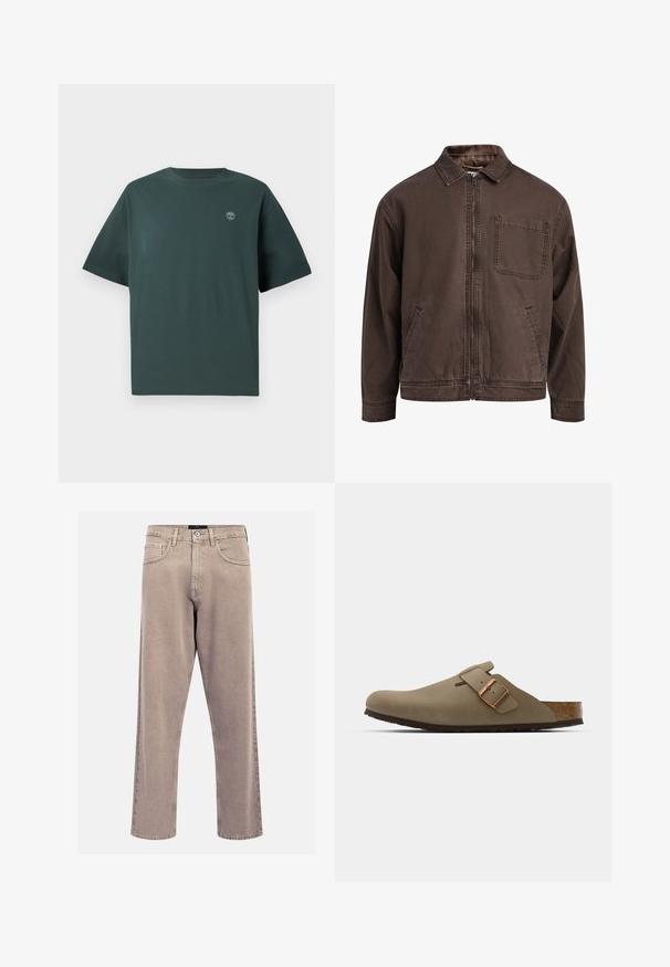 Hnědá bunda na zip vyrobená z odolné látky; má límec, dlouhé rukávy, přední kapsy a jednu kapsu na hrudi.; Tmavě zelené bavlněné tričko s krátkým rukávem, kulatým výstřihem a malým světle modrým logem na levé hrudi. Hladká textura, uvolněný střih.; Beige džíny rovného střihu vyrobené z denimu, s klasickým designem pěti kapes, prošitými akcenty a čistým zakončením nohavic.; Hnědé dřeváky s hladkým matným povrchem. Na boku mají výraznou bronzovou sponu. Korek a gumová podrážka pro pohodlí.
