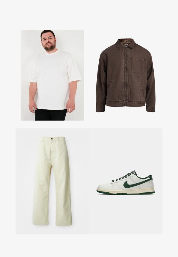 Brūns, ar rāvējslēdzēju aizverams džakers, kas izgatavots no izturīga auduma; tam ir apkakle, garas piedurknes, priekšējās kabatas un viena krūškabata.; Balts kokvilnas T-krekls ar apaļu kakla izgriezumu un īsām piedurknēm, ar brīvu piegriezumu un mīkstu tekstūru, apvienots ar melniem biksēm.; Gai dzelteni, platajām kājām, denima bikses ar priekšējo pogu aizdari, piecām kabatām un taisnu, vienkāršu dizainu.; Balti zemāko tenisa apavu ar tumši zaļu Nike swoosh, auklām un zoles akcentiem, parādīti profila skatījumā uz vienkrāsaina baltā fona.