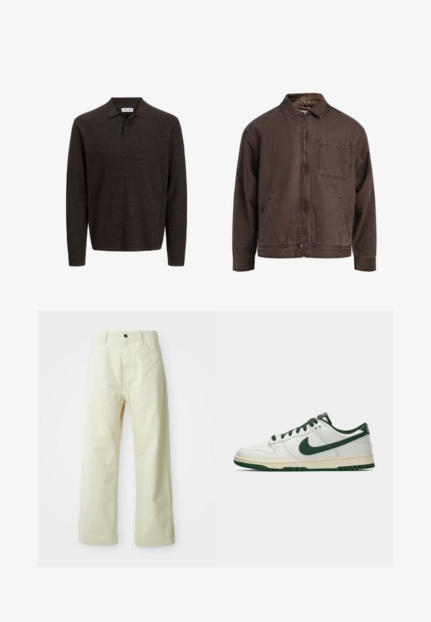 Hnědá bunda na zip vyrobená z odolné látky; má límec, dlouhé rukávy, přední kapsy a jednu kapsu na hrudi.; Hnědá polokošile s dlouhým rukávem vyrobená z texturované tkaniny. Má klasický límec a tři přední knoflíky. Uvolněný střih s žebrovanými manžetami.; Svetle žluté kalhoty s širokými nohavicemi z denimu, s předním zapínáním na knoflíky, pěti kapsami a rovnými, nezdobenými nohavicemi.; Bílé nízké tenisky s tmavě zeleným logem Nike, tkaničkami a akcenty podešve, zobrazené v profilu na čistě bílém pozadí.