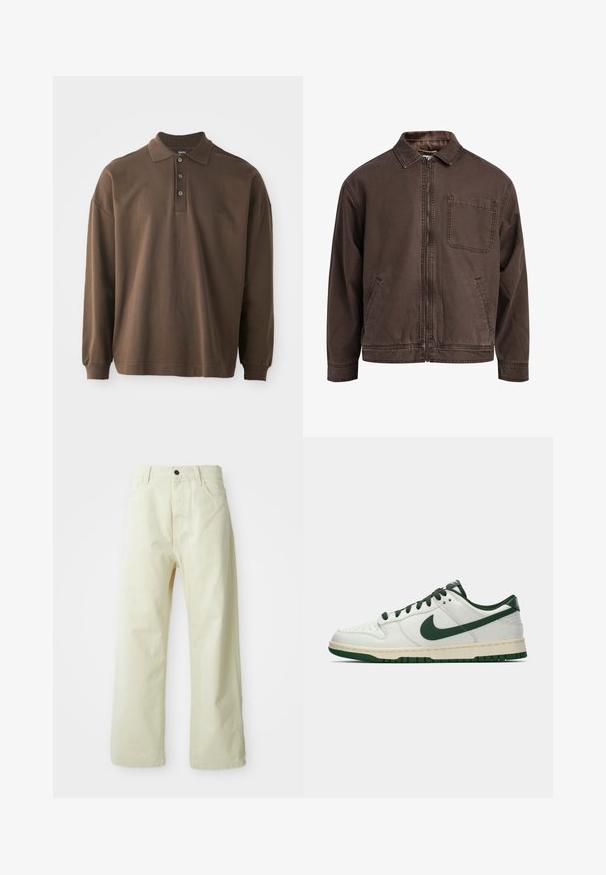 Rudas zip-up švarkas pagamintas iš patvarios medžiagos; turi apykaklę, ilgomis rankovėmis, priekinėmis kišenėmis ir viena krūtinės kišene.; Rudas ilgomis rankovėmis polo marškinėliai su apykakle, trimis mygtukais ir reliefiniais rankogaliais. Pagaminti iš švelnios medvilnės medžiagos su laisvu kirpimu.; Šviesiai geltoni, platūs džinsiniai kelnes su priekiniais mygtukais, penkiais kišenėmis ir tiesia, nepuošta dizainu.; Balti žemi sportbačiai su tamsiai žaliu Nike swoosh, raišteliais ir padu, rodomi šoniniame profilyje ant baltos fono.