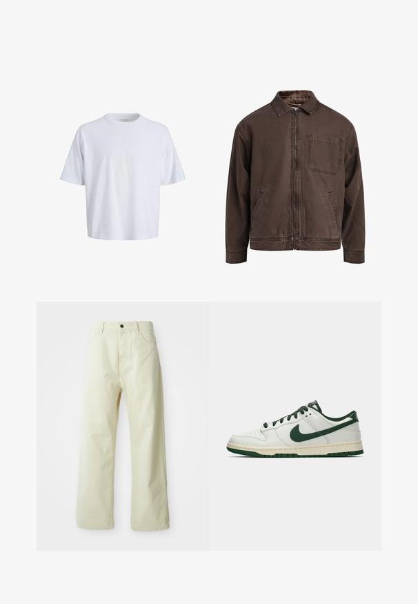 Hnedá bundu na zips vyrobená z odolnej látky; má golier, dlhé rukávy, predné vrecká a jedno vrecko na hrudi.; Biela bavlnená tričko s okrúhlym výstrihom, krátkymi rukávmi a voľným strihom. Hladká textúra a minimalistický dizajn bez viditeľných vzorov alebo doplnkov.; Svetlo žlté, široké džínsy s predným zapínaním na gombík, piatimi vreckami a rovný, nezdobený dizajn.; Biele nízke tenisky s tmavozeleným Nike swooshom, šnúrkami a akcentmi na podrážke, zobrazené v profile na jednoduchom bielom pozadí.