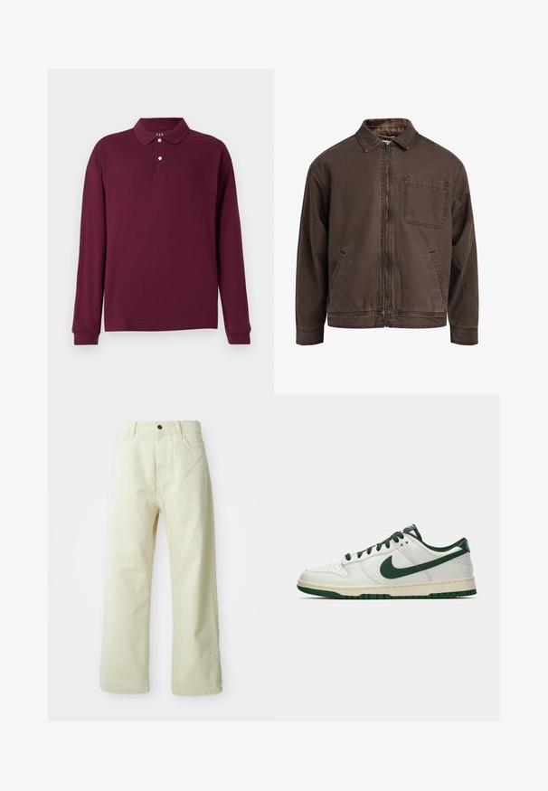 Chaqueta marrón con cremallera hecha de tela duradera; cuenta con un cuello, mangas largas, bolsillos frontales y un único bolsillo en el pecho.; Polo de manga larga burdeos, hecho de algodón, con un cuello clásico, tapeta de tres botones y puños acanalados. Textura suave.; Pantalones de mezclilla de color amarillo claro y de pierna ancha, con cierre de botón frontal, cinco bolsillos y un diseño recto, sin adornos.; Zapatilla de deporte blanca de caña baja con el swoosh de Nike en verde oscuro, lazadas y acentos en la suela, mostrada de perfil sobre un fondo blanco liso.