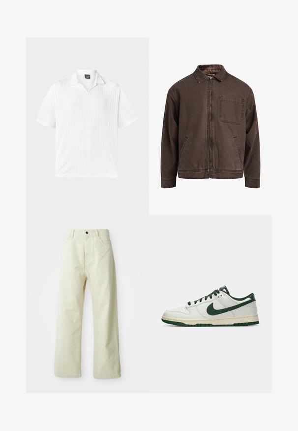 Brūns, ar rāvējslēdzēju aizverams džakers, kas izgatavots no izturīga auduma; tam ir apkakle, garas piedurknes, priekšējās kabatas un viena krūškabata.; Īsām piedurkņu balta polo krekls, kas izgatavots no teksturēta auduma ar vertikāliem ribbingiem; tam ir klasiskā apkakle un taisna malda.; Gai dzelteni, platajām kājām, denima bikses ar priekšējo pogu aizdari, piecām kabatām un taisnu, vienkāršu dizainu.; Balti zemāko tenisa apavu ar tumši zaļu Nike swoosh, auklām un zoles akcentiem, parādīti profila skatījumā uz vienkrāsaina baltā fona.