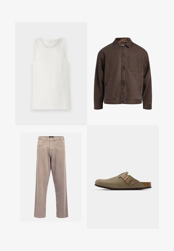 Rudas zip-up švarkas pagamintas iš patvarios medžiagos; turi apykaklę, ilgomis rankovėmis, priekinėmis kišenėmis ir viena krūtinės kišene.; Balta be rankovių maikutė, pagaminta iš kanalėlio audinio, su apvaliu iškirpimu ir tvarkingomis kraštinėmis. Etiketė nugaros centre skelbia "GAP."; Bežinės tiesių kojų džinsai, pagaminti iš džinsinio audinio, su klasikinio penkių kišenių dizainu, siuvinėjimo akcentais ir tvarkingai apdirptu kraštu.; Rudos medvilniniai klumpės su lygiu, matinio paviršiaus apdaila. Yra išsiskiriantis bronzinis sagtis šone. Kamštinis padas ir gumos išorė užtikrina komfortą.