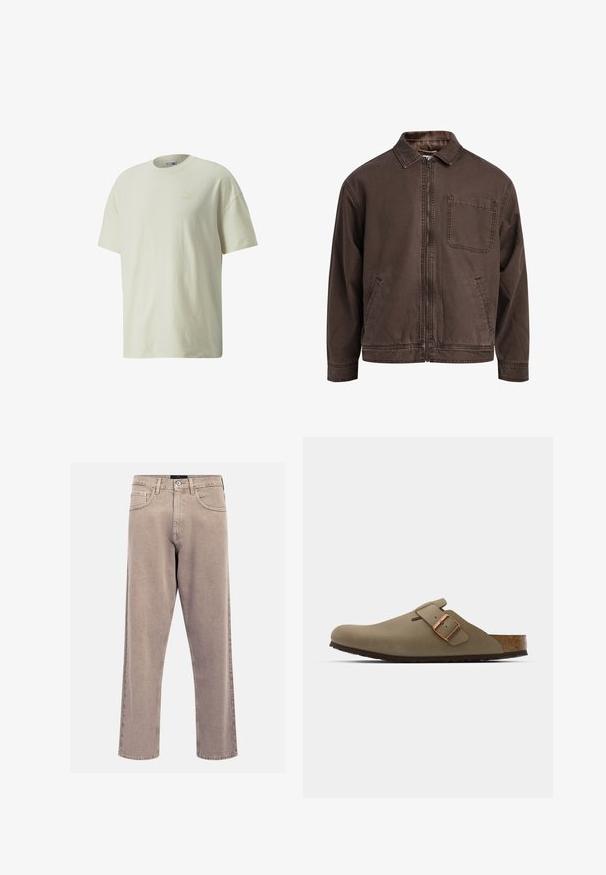 Brūns, ar rāvējslēdzēju aizverams džakers, kas izgatavots no izturīga auduma; tam ir apkakle, garas piedurknes, priekšējās kabatas un viena krūškabata.; Krems krāsas kokvilnas T-krekls ar klasisku apaļu kakla izgriezumu, īsām piedurknēm un smalku Puma logotipu gaišākā tonī uz krūtīm.; Bežīgas taisnas kājas džinsi, izgatavoti no denima, ar klasisku piecu kabatu dizainu, šūtām akcentiem un tīru apakšmalu apdari.; Brūni klupi ar gludu, matētu apdari. Sānos ir izteikta bronzas sprādze. Korku iekšējā zolīte un gumijas zole nodrošina komfortu.