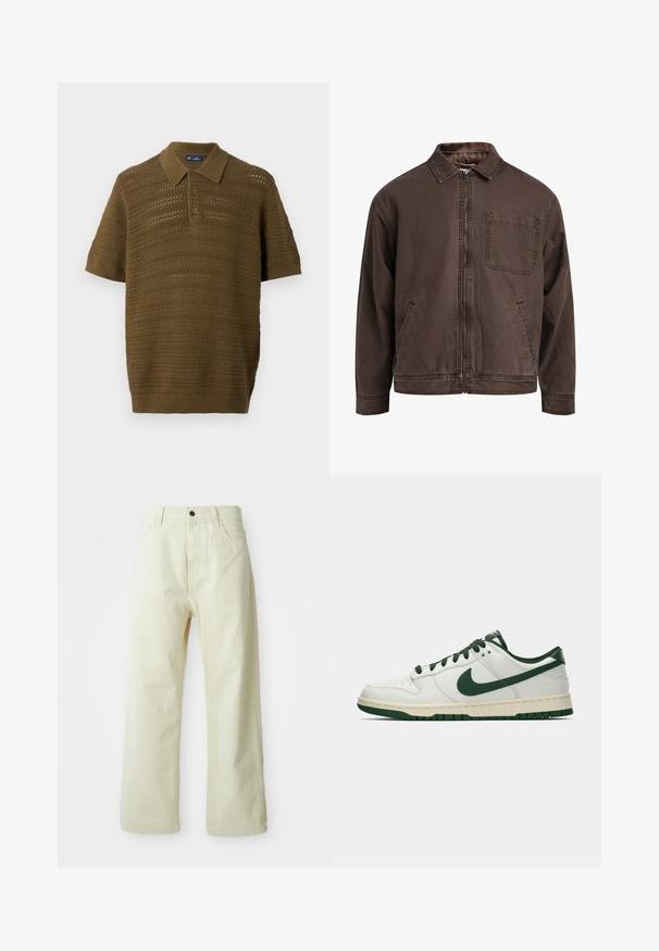 Braune, mit Reißverschluss verschlossene Jacke aus strapazierfähigem Material; sie verfügt über einen Kragen, lange Ärmel, frontale Taschen und eine einzelne Brusttasche.; Kurzarm-Polohemd in Olivgrün mit strukturiertem, offenem Strickdesign und horizontalen Streifen sowie einem gerippten Kragen und Saum.; Hellgelbe, weit geschnittene Jeanshose aus Denim mit einem vorderen Knopfverschluss, fünf Taschen und geradlinigem, unaufgeregtem Design.; Weiße Low-Top-Sneaker mit dunkelgrüner Nike-Swoosh, Schnürsenkeln und Akzenten an der Sohle, im Profil auf einem schlichten weißen Hintergrund abgebildet.