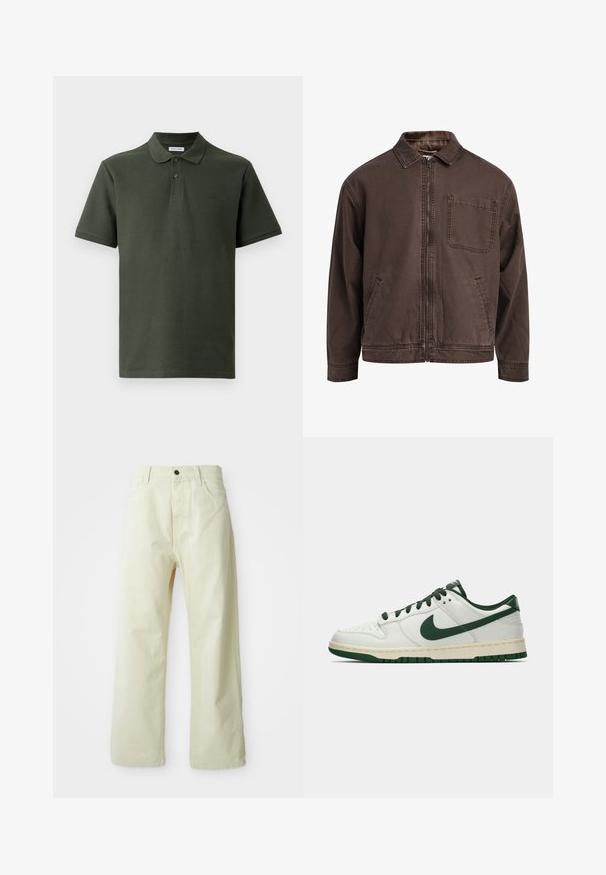 Brun zip-up jakke laget av slitesterkt stoff; har krage, lange ermer, frontlommer og en enkel brystlomme.; Mørkegrønn polo-skjorte laget av teksturert stoff. Har krage, to knapper og en liten logo på brystet. Korte ermer.; Lys gul, vide bukser i denim med en frontknaplukning, fem lommer og en lige, udekoreret design.; Hvit lav sneaker med mørkegrønn Nike swoosh, snøring og såleakkenter, vist i profil mot en enkel hvit bakgrunn.