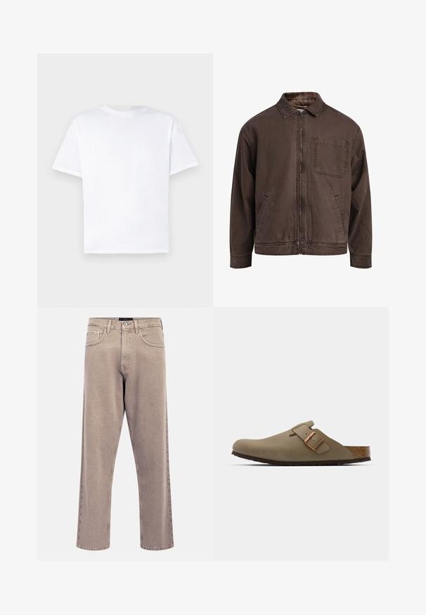 Braune, mit Reißverschluss verschlossene Jacke aus strapazierfähigem Material; sie verfügt über einen Kragen, lange Ärmel, frontale Taschen und eine einzelne Brusttasche.; Weißes Baumwoll-T-Shirt mit Rundhalsausschnitt und kurzen Ärmeln. Geschmeidige Textur, gerader Schnitt, keine Muster oder Akzente. Nur Rückansicht.; Hellbeige Jeans mit geradem Bein, leicht verwaschener Textur, Fünf-Taschen-Design und Metallknopfverschluss. Auffällige Nahtdetails.; Braune Clogs mit einer glatten, matten Oberfläche. Besitzt eine auffällige bronzefarbene Schnalle an der Seite. Korkfußbett und Gummisohle für Komfort.