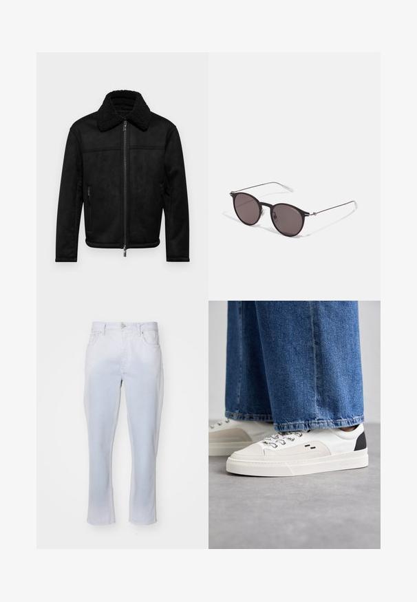 Armani Exchange BLOUSON - Keinonahkatakki - black; Musta puuvillapaita, jossa on pyöreä kaula-aukko, lyhyet hihat ja valkoinen "EMPORIO ARMANI" -logo, jonka yläpuolella on kaarevassa muodossa "Milano".; Vaaleat pesetyt farkut suoralla lahkeella, nappi- ja vetoketjukiinnitys, sekä kaksi sivutaskua, joissa on pehmeä pinta.; Valkoiset ja mustat tennarit, joissa on sileä nahkapäällinen, tekstuuriakcentit ja paksu valkoinen pohja. Varustettu klassisella nauhakiinnityksellä.; Musta pyöreä aurinkolasit tummilla linsseillä ja kapeilla metallikehyksillä. Sisältää kirkkaat temppelet ja hopeiset yksityiskohdat saranassa. Minimalistinen muotoilu.