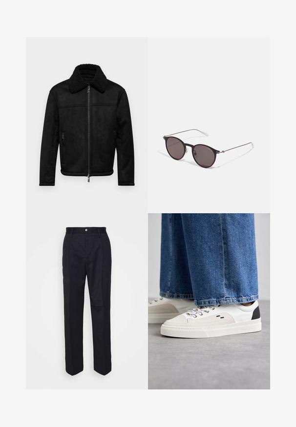 Armani Exchange BLOUSON - Casaco de pele sintética - black; T-shirt de algodão preta com gola redonda, mangas curtas e o logo "EMPORIO ARMANI" em branco acima de "Milano" num design curvo.; Calças pretas ajustadas com um design de perna reta, feitas de tecido suave, apresentando um fecho frontal com botão e dois bolsos laterais.; Sapatilhas brancas e pretas com um upper de couro suave, detalhes texturizados e uma sola branca grossa. Apresenta um design clássico de atacadores.; Óculos de sol redondos pretos com lentes escuras e hastes metálicas finas. Inclui pontas de templo transparentes e detalhes em prata na dobradiça. Design minimalista.