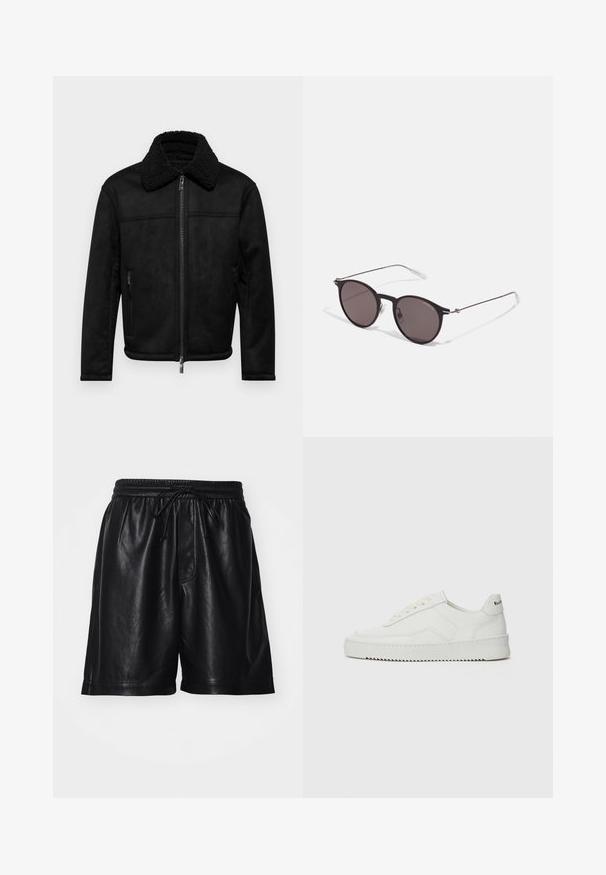 Armani Exchange BLOUSON - Keinonahkatakki - black; Musta puuvillapaita, jossa on pyöreä kaula-aukko, lyhyet hihat ja valkoinen "EMPORIO ARMANI" -logo, jonka yläpuolella on kaarevassa muodossa "Milano".; Mustat nahkashortit, joissa on joustava vyötärö, nyöri suljin ja sileä pinta. Ominaisuuksiin kuuluu rento istuvuus ja sivusaumapocketit.; Valkoinen nahkakenkä, jossa on sileä pinta, pyöreä kärki, tasaiset nauhat ja teksturoitu pohja. Sisältää huomaamattoman logon kantapäässä.; Musta pyöreä aurinkolasit tummilla linsseillä ja kapeilla metallikehyksillä. Sisältää kirkkaat temppelet ja hopeiset yksityiskohdat saranassa. Minimalistinen muotoilu.