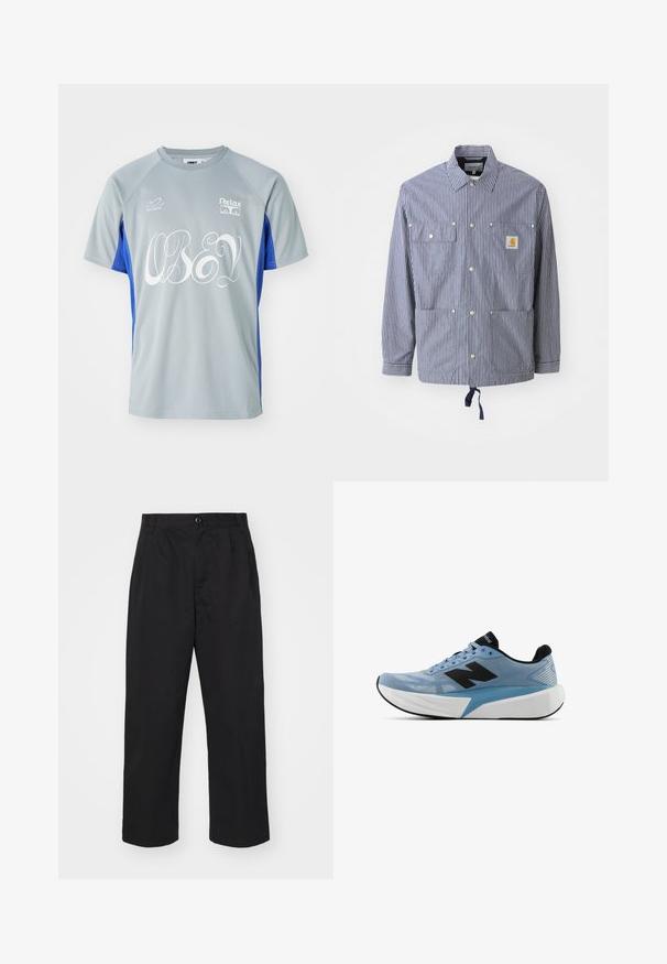 Jūras zila un balta svītru krekla jaka ar uzkrītošu apkakli, pogām ar spiedpogu, divām krūšu kabatām, regulējamu apakšmalu un logo uzlīmi kreisajā kabatā.; Skrīto rokas t-krekls sporta stilā pelēkā un zilā krāsā. Uzraksts "OBEY" baltiem burtiem, ar logo uz krūšu daļas un piedurknes. Izgatavots no viegla auduma.; Melnas kokvilnas bikses ar taisnu piegriezumu, ar pogu aizdari, divām priekšējām kabatām un gludu tekstūru.; Gaiši zili sporta apavi ar melnu logo, biezu baltu zoli un melnu iekšējo oderi, redzami no sāna uz baltā fona.
