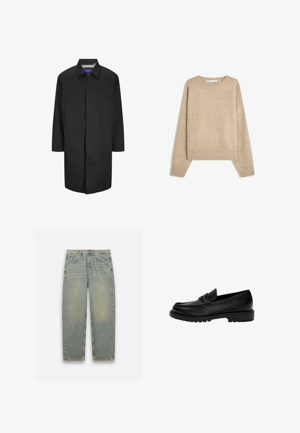 Črn plašč s ovratnikom, dolgimi rokavi in stranskimi žepi. Ima gumbno zapiranje in karirasto notranjo oblogo.; Bežna pulover iz mehke, strukturirane pletenine. Ima okroglo ovratnik, rebraste manšete in skrajšan rob z spuščenimi ramenimi šivi.; Svijetloplave traperice s blagim izblijedjelim finishem, ravnog kroja, pet džepova i metalnim dodacima na struku.; Črne usnjene loafersice z okroglo prstom, z dvema črtama oblikovanja, teksturiranim šivom in masivnim gumijastim podplatom.
