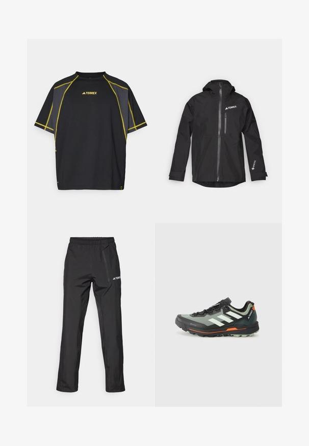Μαύρο αδιάβροχο μπουφάν από Gore-Tex με κουκούλα, μπροστινό φερμουάρ και δύο πλάγιες τσέπες. Διαθέτει λογότυπο TERREX στο στήθος.; Μαύρο κοντομάνικο T-shirt με κίτρινες ραφές και λεπτομέρειες, στρογγυλή λαιμόκοψη και άνετη εφαρμογή. Περιλαμβάνει το λογότυπο "TERREX" στο μπροστινό μέρος.; Μαύρο αδιάβροχο παντελόνι από ελαφρύ ύφασμα, με ελαστική μέση και πλαϊνή τσέπη με φερμουάρ. Απλός, κομψός σχεδιασμός.; Ελαφρύ παπούτσι τρεξίματος σε μονοπάτια με γκρι και μαύρο πλέγμα επάνω, πορτοκαλί λεπτομέρειες και ανθεκτική σόλα για πρόσφυση. Αδιάβροχη επένδυση Gore-Tex.