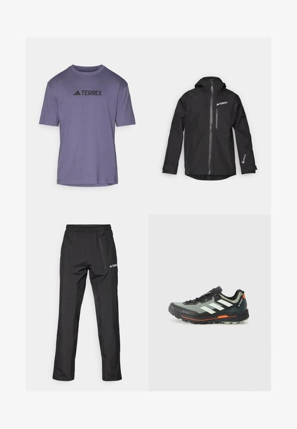 Čierna nepremokavá bunda vyrobená z Gore-Texu, s kapucňou, predným zipsom a dvoma bočnými vreckami. Na hrudi sa nachádza logo TERREX.; Fialová krátke rukávové tričko vyrobené z hladkej tkaniny, s čiernym logom "TERREX" naprieč hrudníkom a okrúhlym výstrihom.; Čierne ľahké outdoorové nohavice s elastickým pásom, vreckami na zips a potlačeným logom. Mäkká textúra a strihané na rovné nohavice.; Ľahká trailová bežecká obuv s šedou a čiernou sieťovinou, oranžovými akcentmi a robustnou podrážkou pre trakciu. Nepremokavé Gore-Tex podšívka.